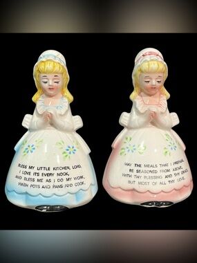 Vintage 1960s Enesco Kitschy Kitchen Prayer Ladies Salt and Pepper Shaker Set